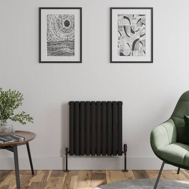 Black designer radiator horizontal oval double panel rad 600x600mm steel modern