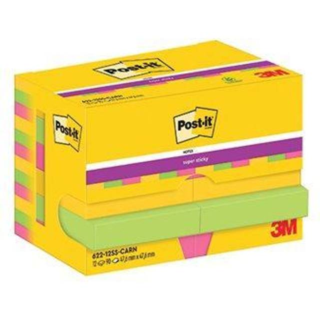 Post-it Super Sticky Notes 622-12SS-CARN 47.6 x 47.6 mm 90 Sheets Per Pad Green, Pink,Yellow Square Plain Pack of 12