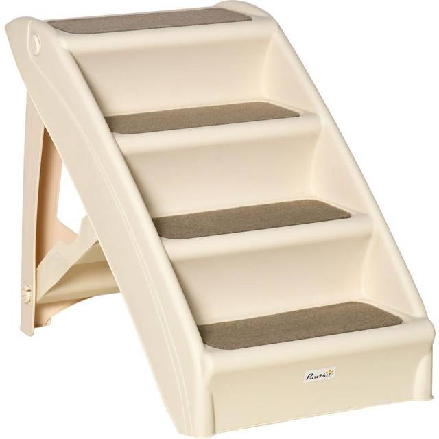 PawHut Four-Step Foldable Pet Stairs w/ Non-Slip Mats - for S - XS Dogs - Beige | TJ Hughes