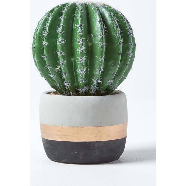 Golden Barrel Artificial Cactus in Contemporary Stone Pot, 19 cm Tall - Green