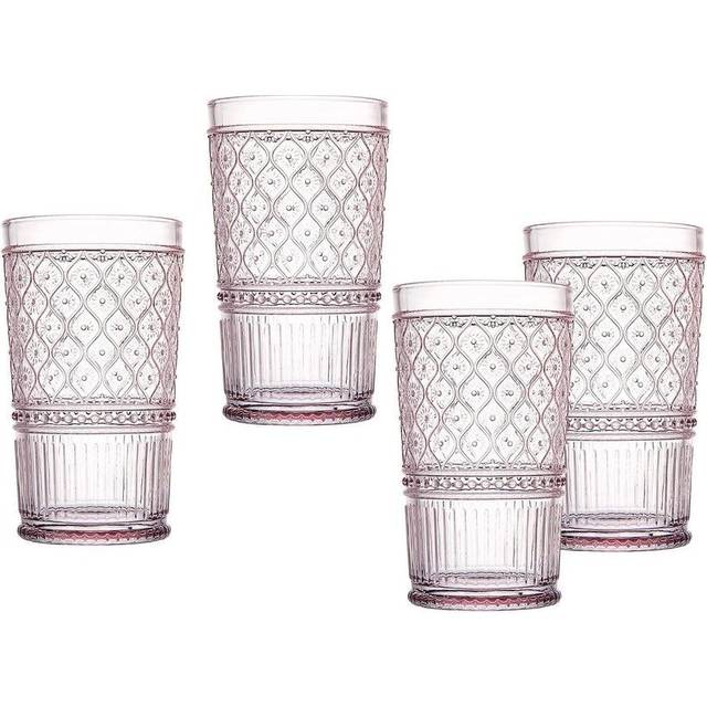 Godinger Highball Drinking Glasses  Tall Glass Cups  Vintage Decor  Water Glasses  Cocktail Glasses - Claro Collection  Large 17oz  Pink  Set of 4