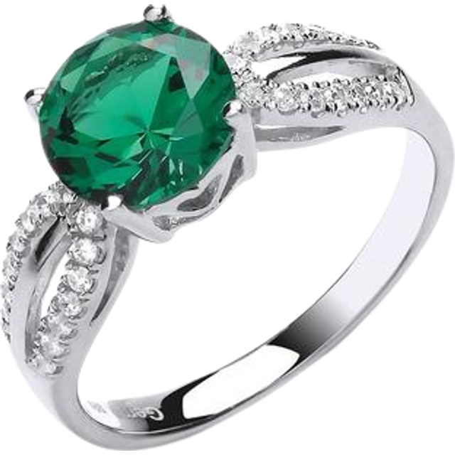 (N) Jewelco London Ladies Rhodium Plated Sterling Silver Green Cubic Zirconia Shoulder Set Solitaire Engagement Ring