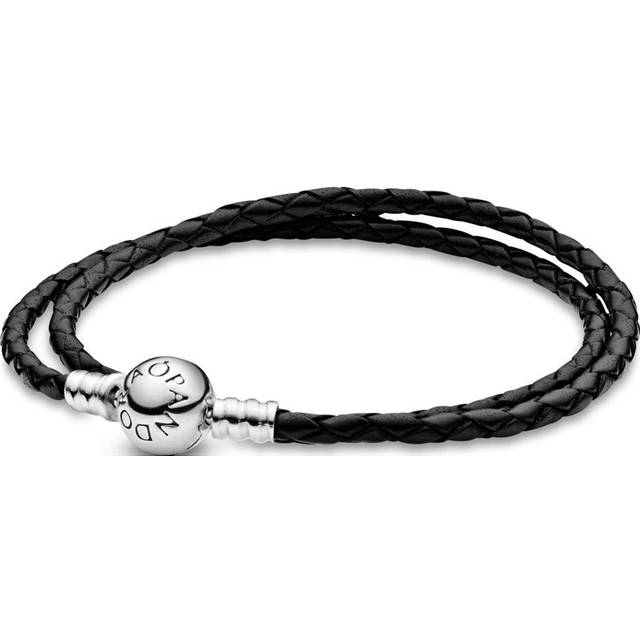 PANDORA Moments doppeltes Schwarzes Lederarmband mit geprägtem Kugelverschluss aus Sterling-Silber, vielseitig kombinierbar, Größe: 38cm