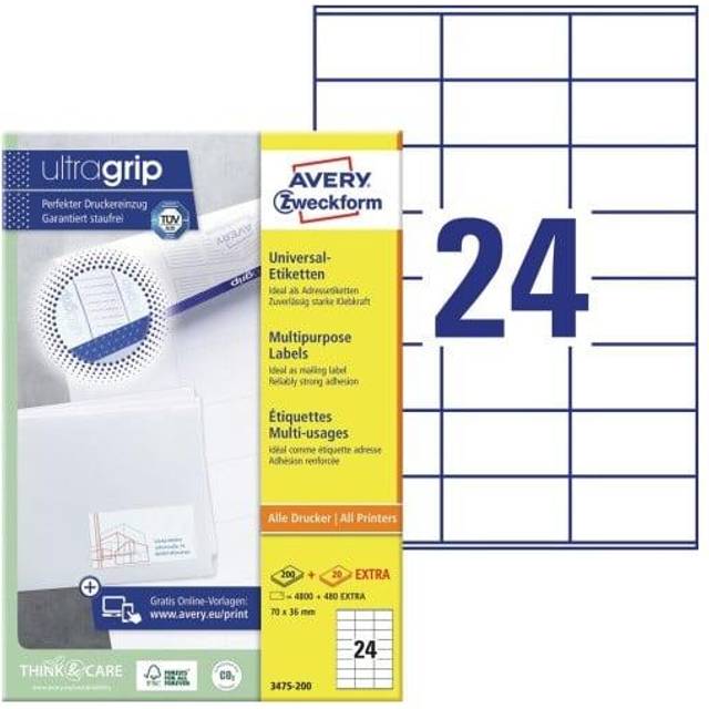 Etiketter | 70 x 36mm | Avery 3475-200 | 4.800st