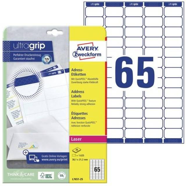 Avery UltraGrip Mini Address Labels Self Adhesive 38.1 x 21.2 mm White 25 Sheets of 65 Labels