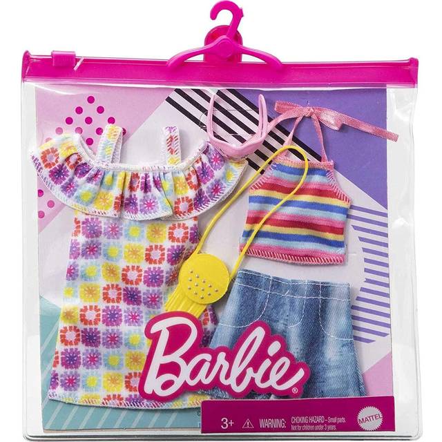 Barbie Fashions 2-Pack Clothing Set  2 Outfits Doll Includes Summery Off-The-Shoulder Print Dress  Striped Halter Top & Denim Shorts & 2 Accessories
