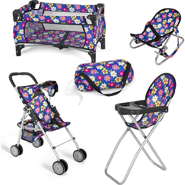 fash n kolor 4 Piece Baby Doll Play Set Flower Design Includes  Pack N Play  Baby Doll Stroller  Baby Doll High chair  Infant S