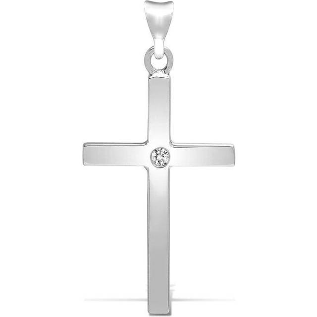 Jewelco London Solid 9ct White Gold Rub Over Set Round I SI2 0.05ct Diamond Solitaire Cross Pendant - 9X085