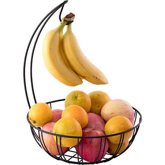 Basicwise Wire Metal Fruit Basket Holder  Kitchen Counter Top Fruit Bowl with Banana Hanger  Black