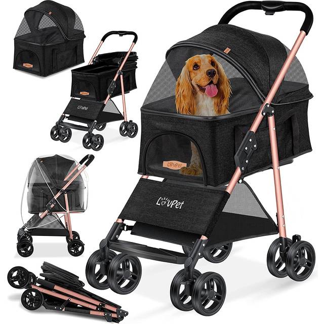 LOVPET® Hundvagn 2-i-1, både transportbur och hundvagn, vikbar, upp till 20 kg, med nätfönster och regnskydd, joggingvagn, kattvagn för små hundar och katter