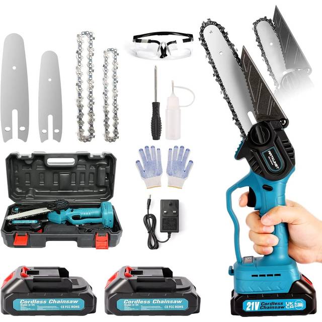 Upgraded 6inch Mini Electric Chainsaw with 2 Rechargeable Batteries, 21V Cordless Chainsaw with Safety Button for Tree Trimming & Wood Cutting