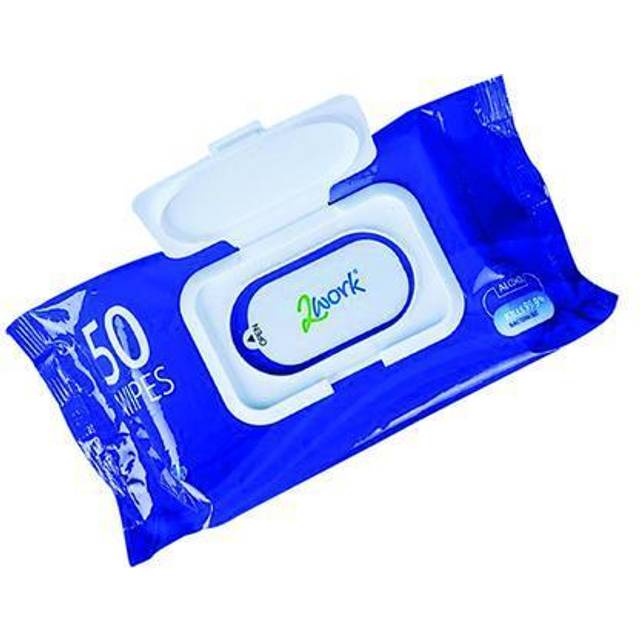 2Work Antibacterial Alcohol Hand Wipes Unfragranced (Pack of 50)