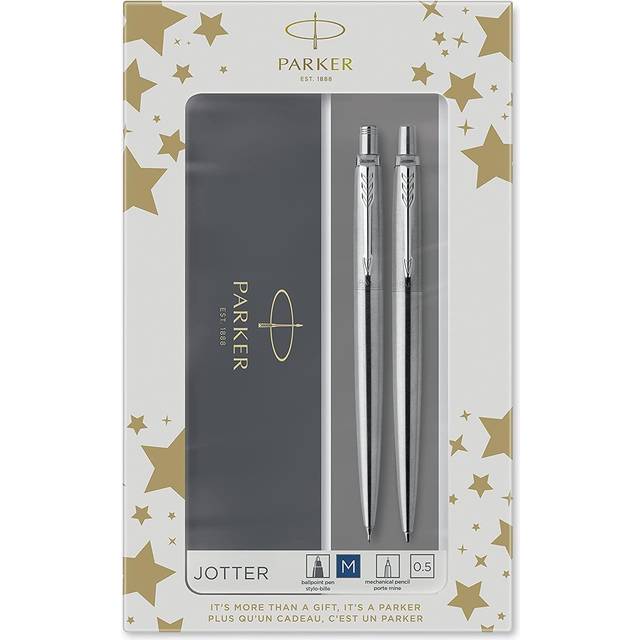 Parker Jotter Duo Gift Set with Ballpoint Pen & Mechanical Pencil (0.5mm), Stainless Steel with Chrome Trim, Blue Ink Refill, Gift Box