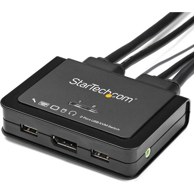 StarTech.com DisplayPort KVM-omkopplare med 2 portar – 4K 60 Hz – kompakt UHD DP 1.2 USB stationär KVM-omkopplare med 1,2 m kablar och ljud – Bussdriven och fjärrväxling – MacBook ThinkPad (SV211DPUA4K)