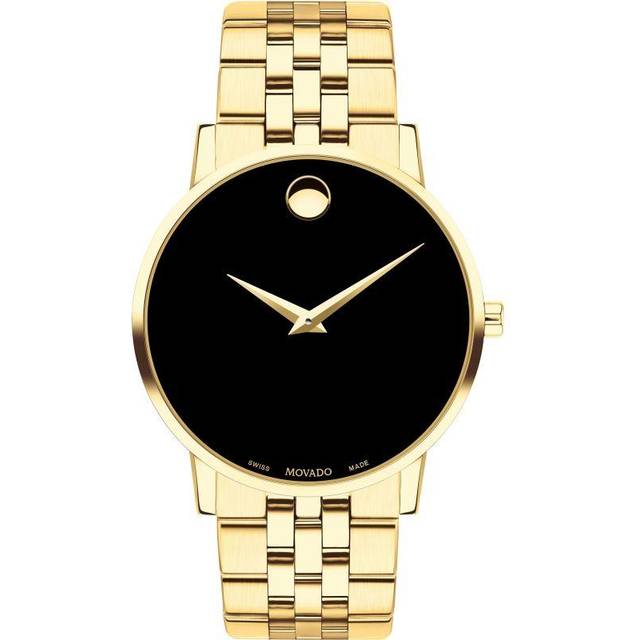 Movado Museum klassisk herrklocka i schweiziskt kvartsur – rostfritt stål, länkarmband – vattentålig 30 meter – klassisk lyxig tidpunkt – present till honom – 40 mm, svart guldpläterad, herr standard,