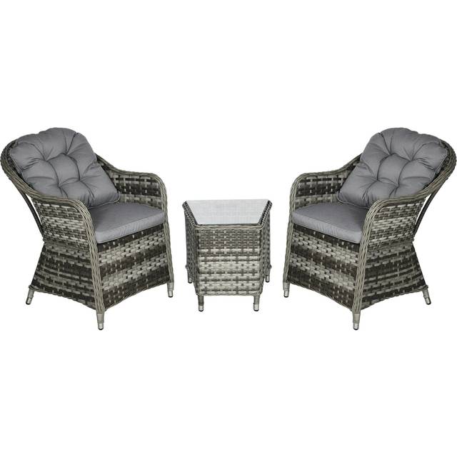 Outsunny Modern 3 Pcs Rattan Bistro Set, Patio Aluminium Balcony Furniture With Soft Cushions & Glass Top Table For Garden, Backyard, Grey