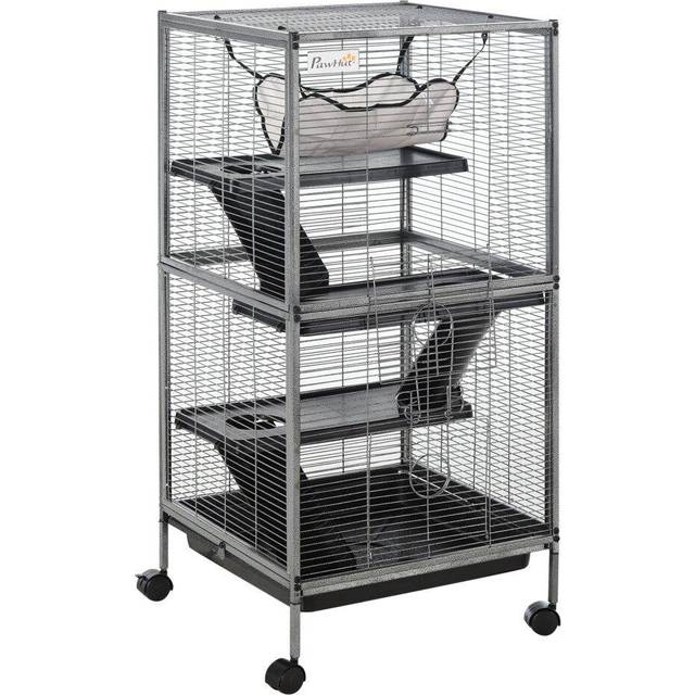 Pawhut Small Animal Cage With Wheels Pet Home For Chinchillas Ferrets Kittens, With Hammock, 4 Platforms And Removable Tray, Grey