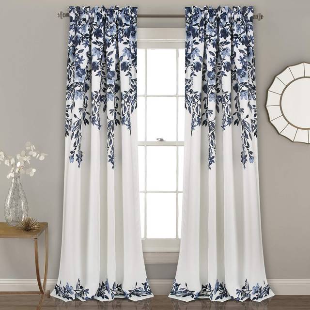 Frodig dekor tanisha gardiner – ljusfiltrerande fönsterpanelsset, par – blommigt vinstockstryck, vacker, modern, elegant heminredning – 132 cm B x 241 cm L, marinblå och vit
