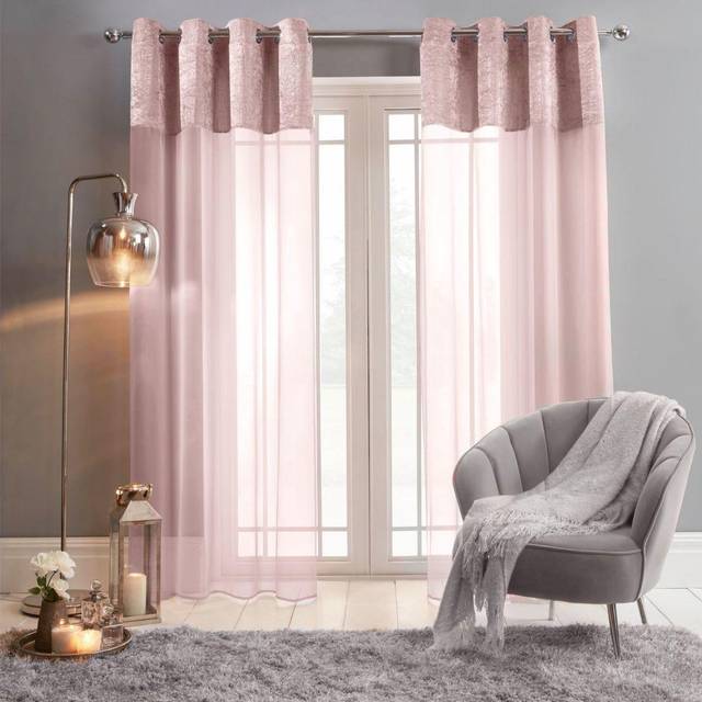 Sienna Pair of Crushed Velvet Voile Net Curtain Eyelet - Pink