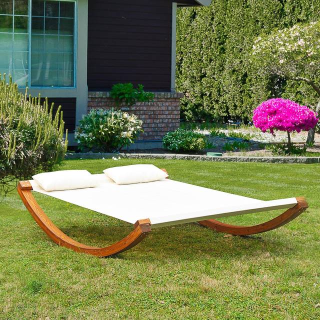 Outsunny Rocking Double Sun Lounger W/ Wooden Frame-white