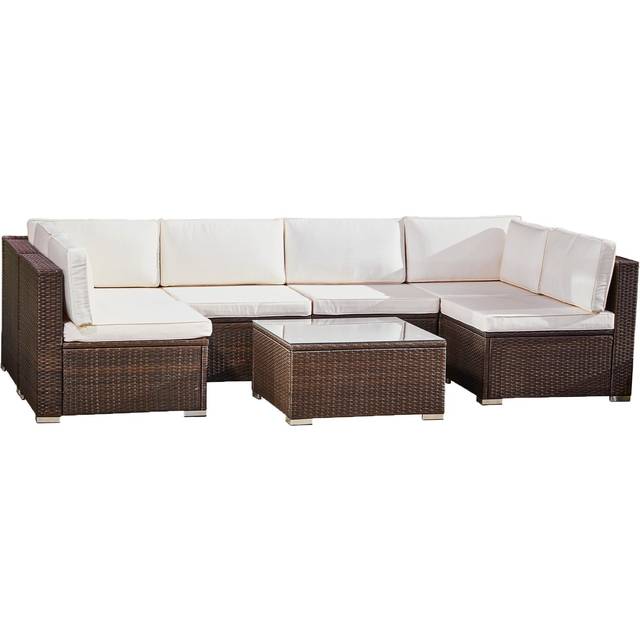 Outdoor Garden Lounge Set, 7 Piece Rattan Garden Furniture Set, Large Garden Corner Sofa, Tempered Glass Tabletop - Brown/Cream - Teamson Home