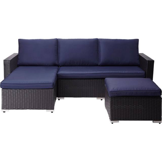 Outdoor Garden Lounge Set, 3 Piece Rattan Garden Furniture Set, Garden Sofa, Chaise Lounge, Tempered Glass Tabletop - Brown/Blue - 201 x 72 x 68 (cm)
