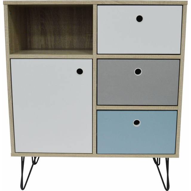 Open Sideboard with Three Drawers and Storage Cupboard - Oak - Oak / Black / Blue / White / Grey - Brown