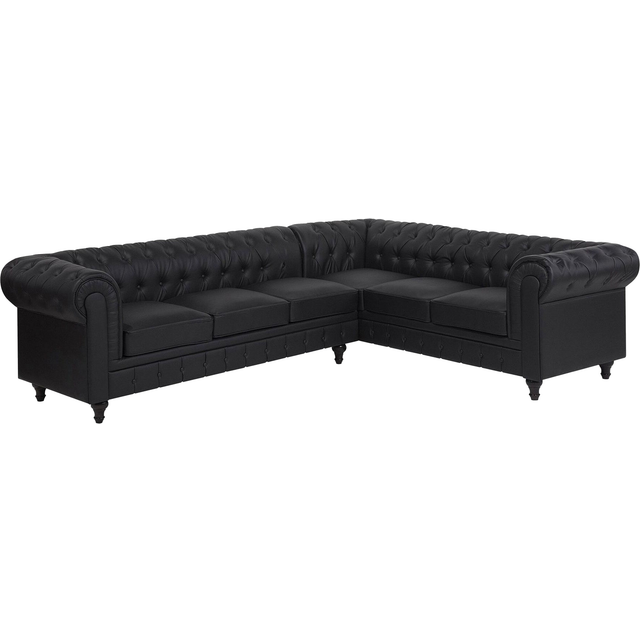 Beliani Left Hand Faux Leather Corner Sofa Black Chesterfield, Black