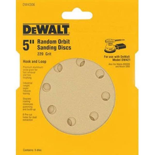 DEWALT DW4306 5-Inch 8 Hole 220 Grit Hook and Loop Random Orbit Sandpaper (5-Pack)