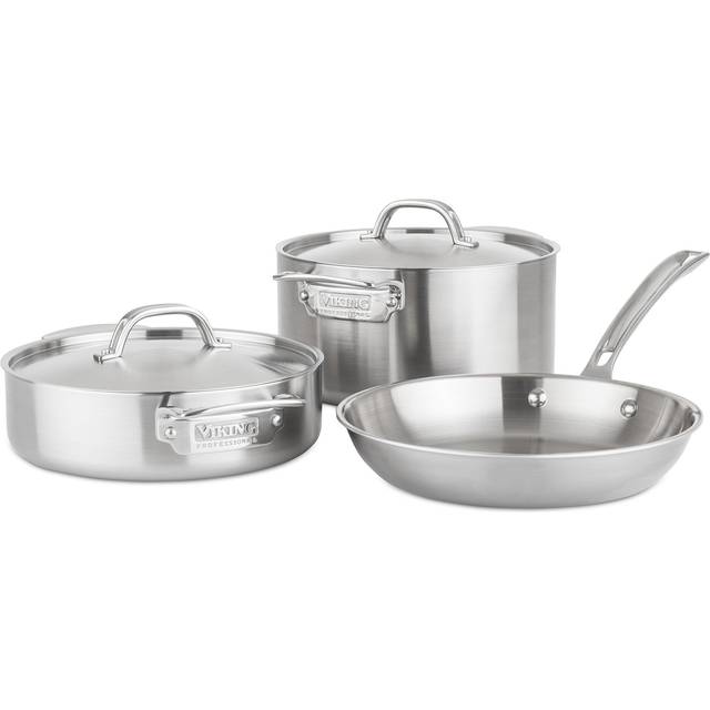 Viking Culinary Viking Professional 5-Ply 5-Piece Starter Set of Fry Pan, Stockpot, and Everyday Pan with 2 Lids in Silver