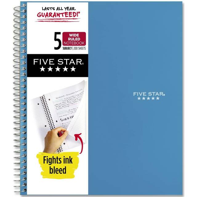 "Five Star Spiral Notebook + Study App  5 Subject  Wide Ruled Paper  Fights Ink Bleed  Water Resistant Cover  8"""" x 10-1/2""""  200 Sheets  Tidewater Blu"