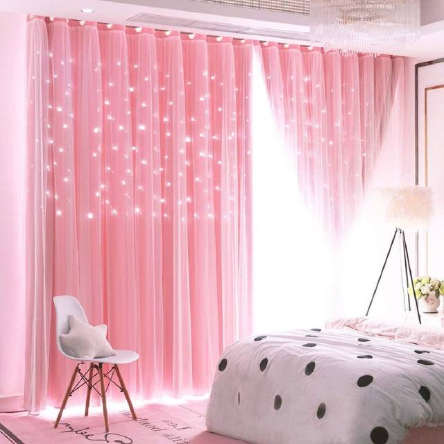 Unistar 2 Panels Stars Blackout Curtains for Bedroom Girls Kids Baby Window Decoration Double Layer Star Cut Out Aesthetic Living Room Decor
