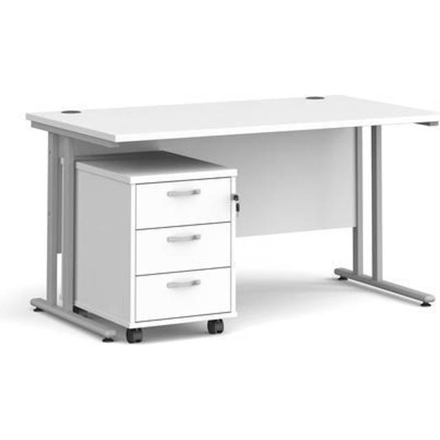 Maestro 25 Straight Office Desk Silver Frame White Table Top and 3 Drawer Pedestal - 1400mm