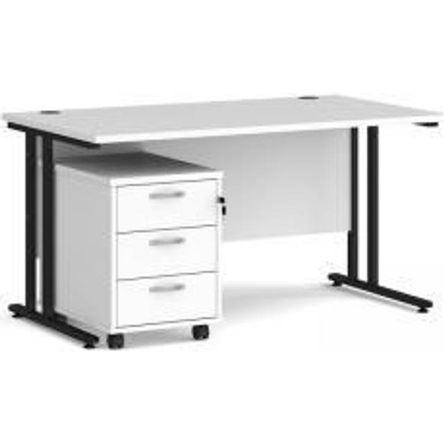 Maestro 25 Straight Office Desk Black Frame White Table Top and 3 Drawer Pedestal - 1400mm