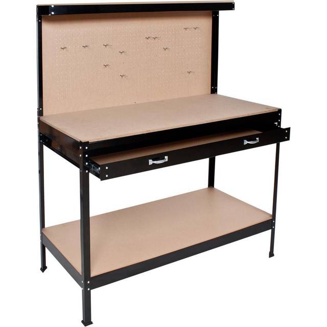 Workbench with pegboard, 2 shelves, 1 large drawer, 12 hooks - 120 x 60 x 156 cm