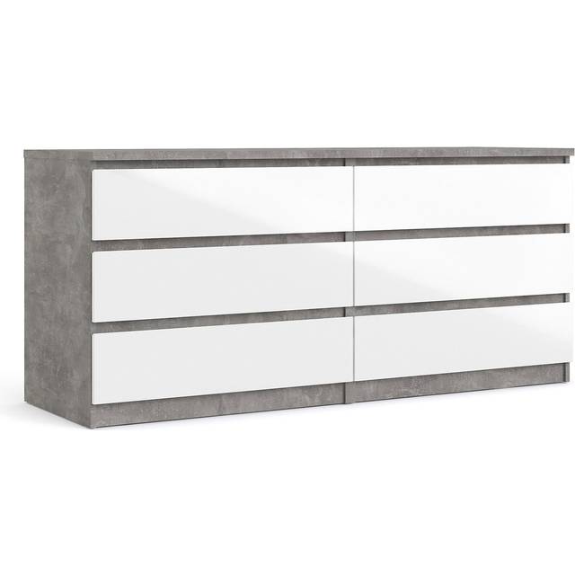 Florence 6 Drawer Concrete and White High Gloss Wide Chest of Drawers - Furniture to Go - 3+3 Drawers
