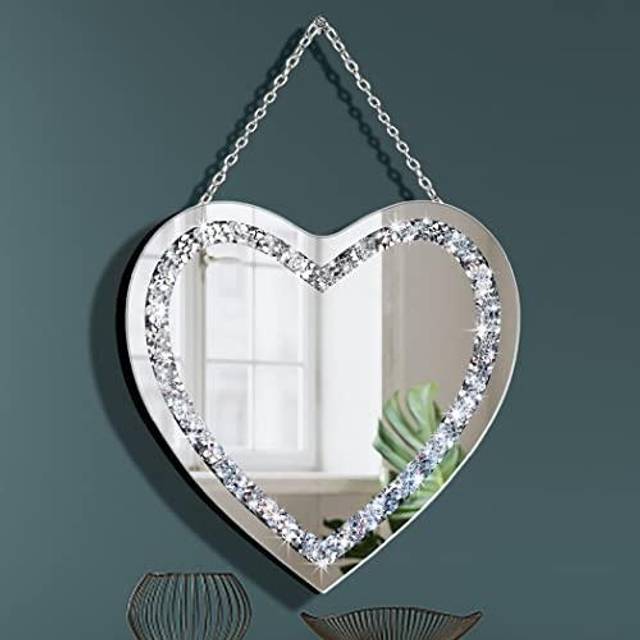 DMDFIRST crystal crush Diamond Heart Shaped Silver Mirror with Silver Stainless Steel chain for Wall Decoration 12x12x05 inch Wall Hang Frameless Mirr