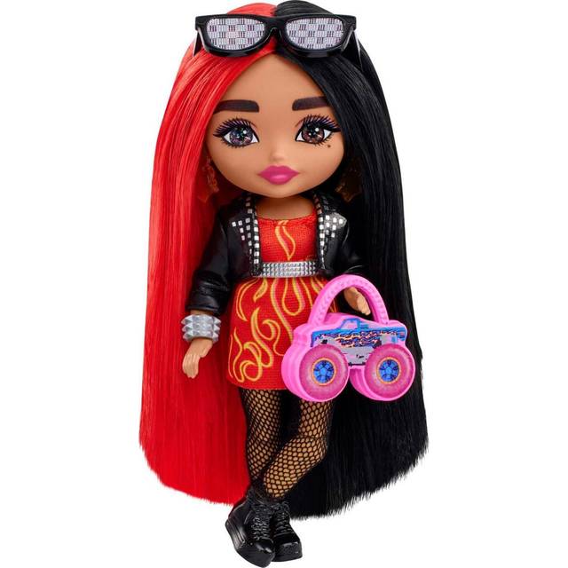 Doll, Barbie Extra Minis Doll with Red and Black Hair, Kids Toys, Flame-Print Dress and Moto Jacket, Small Doll, Clothes and Accessories