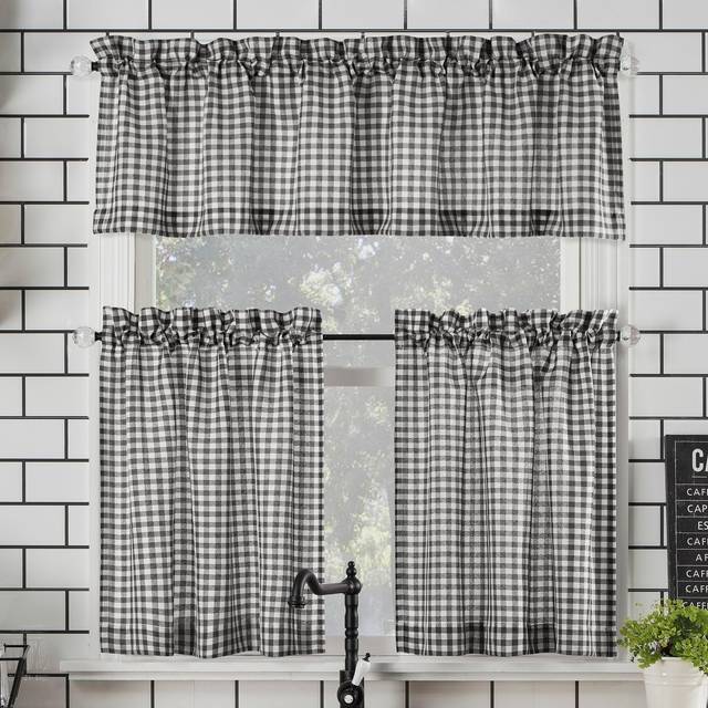 "No. 918 Parkham Farmhouse Plaid Semi-Sheer Rod Pocket Kitchen Curtain Valance and Tiers Set  54"""""""" x 24""""""""  Black/White"