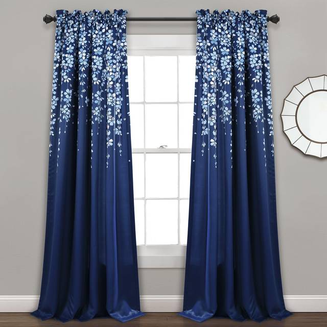 Lush Decor Weeping Flower Light Filtering Window Curtain Panels  Pair  52W x 95L + 2 Header  Navy - Charming Modern Floral Curtains for Living Room  D