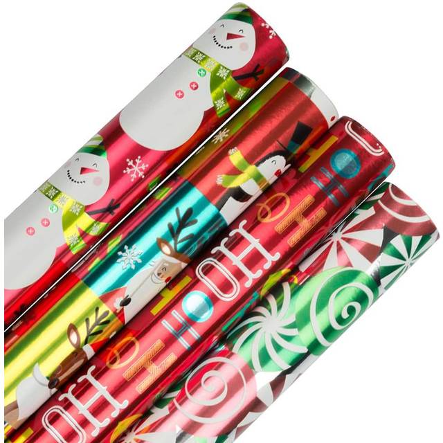 JAM Paper Assorted Gift Wrap - Christmas Foil Wrapping Paper - 100 Sq Ft Total - Snowman & Santa Set - 4 Rolls/Pack