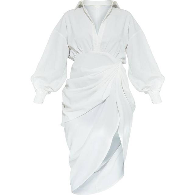 White Balloon Sleeve Gathered Skirt Midi Shirt Dress, White - 6