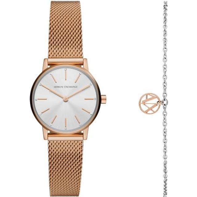 Armani Exchange Two-Hand Rose Gold-Tone Stainless Steel Strap Silver Dial Women's Watch and Bracelet Gift Set AX7121