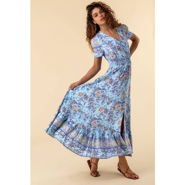 Floral Print Shirred Waist Maxi Dress - Blue - 12
