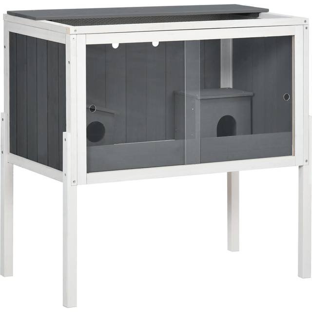 PawHut Wooden Hamster Cage for Dwarf Hamsters, Gerbils, Rutin Chicken - Grey