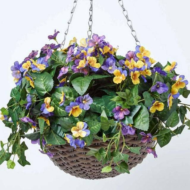 Purple and Yellow Pansy Artificial Hanging Basket Trailing Plant 60 cm