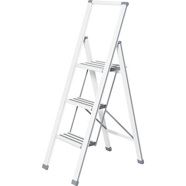 WENKO Aluminiumdesign hopfällbar trappstege 3-stegs hushållsstege, belagd, vit/grå, 5,5 x 44 x 127 cm