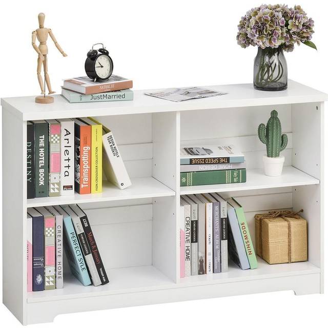 Contemporary 2-Tier Low Bookcase - Wooden 4 Cube Shelving Display Storage Unit Office Living Room Furniture with Adjustable Shelf - White 4-Cube Shelf