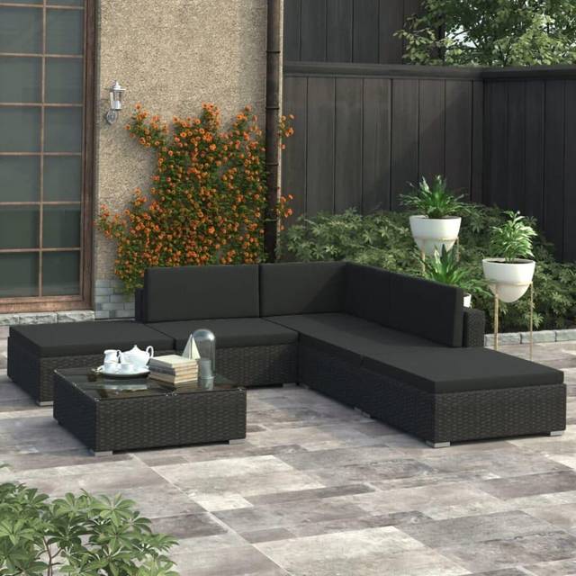 vidaXL 6x Garden Lounge Set with Cushions Poly Rattan Black Outdoor Sofa Sets