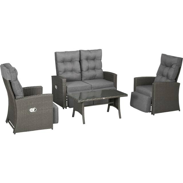 Outsunny 4 Piece Rattan Garden Furniture Sets, 4 Seater Outdoor Sofa Sectional W/wicker Sofa, Reclining Armchair And Glass Table For Yard, Grey